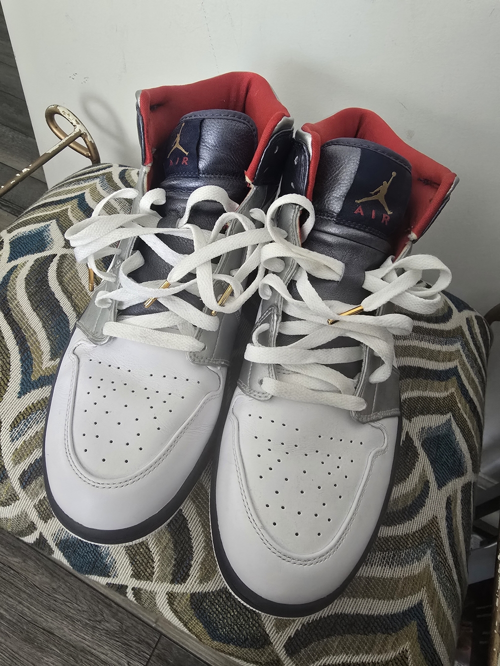 Jordan High-Top Sneakers in White, Navy & Red with Gold Accents